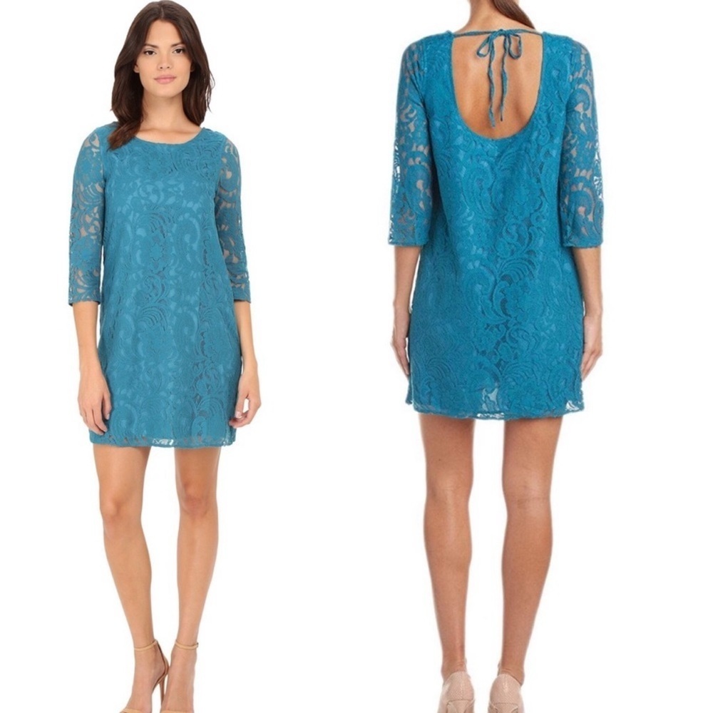 Jack BB Dakota Ocean Depths McKale Lace Shift Dress Size S Blue 3/4 Sleeve
